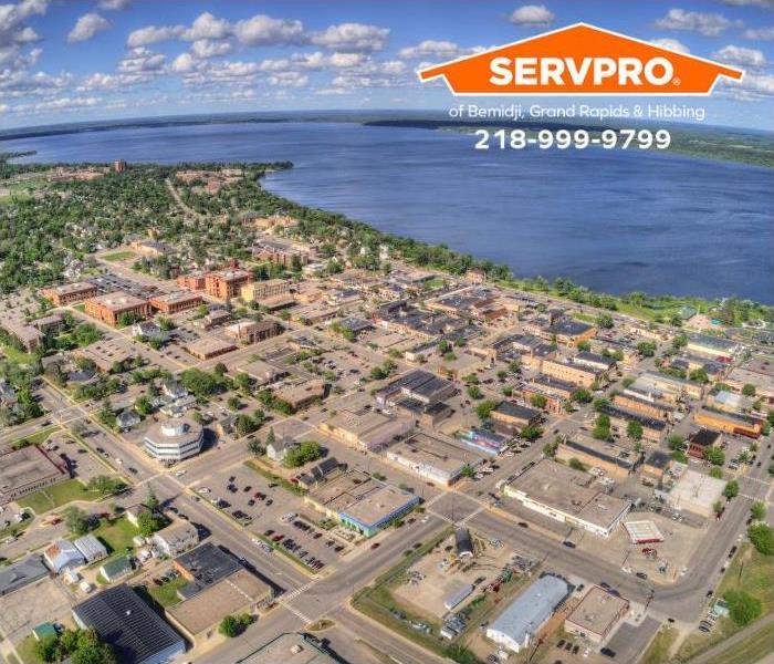 An aerial view of commercial properties in Bemidji, Minnesota, is shown. 